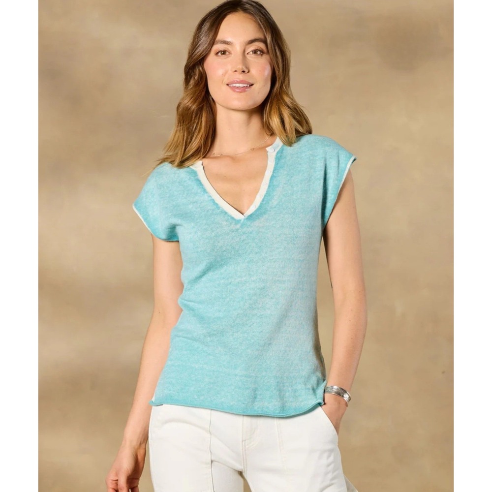 Sundance Cap Sleeve V-Neck Top Pullover Laurette Sweater Tee Medium Aqua Blue